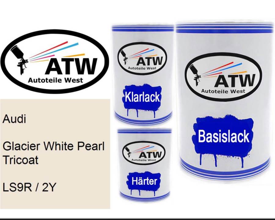 Audi, Glacier White Pearl Tricoat, LS9R / 2Y: 500ml Lackdose + 500ml Klarlack + 250ml Härter - Set, von ATW Autoteile West.